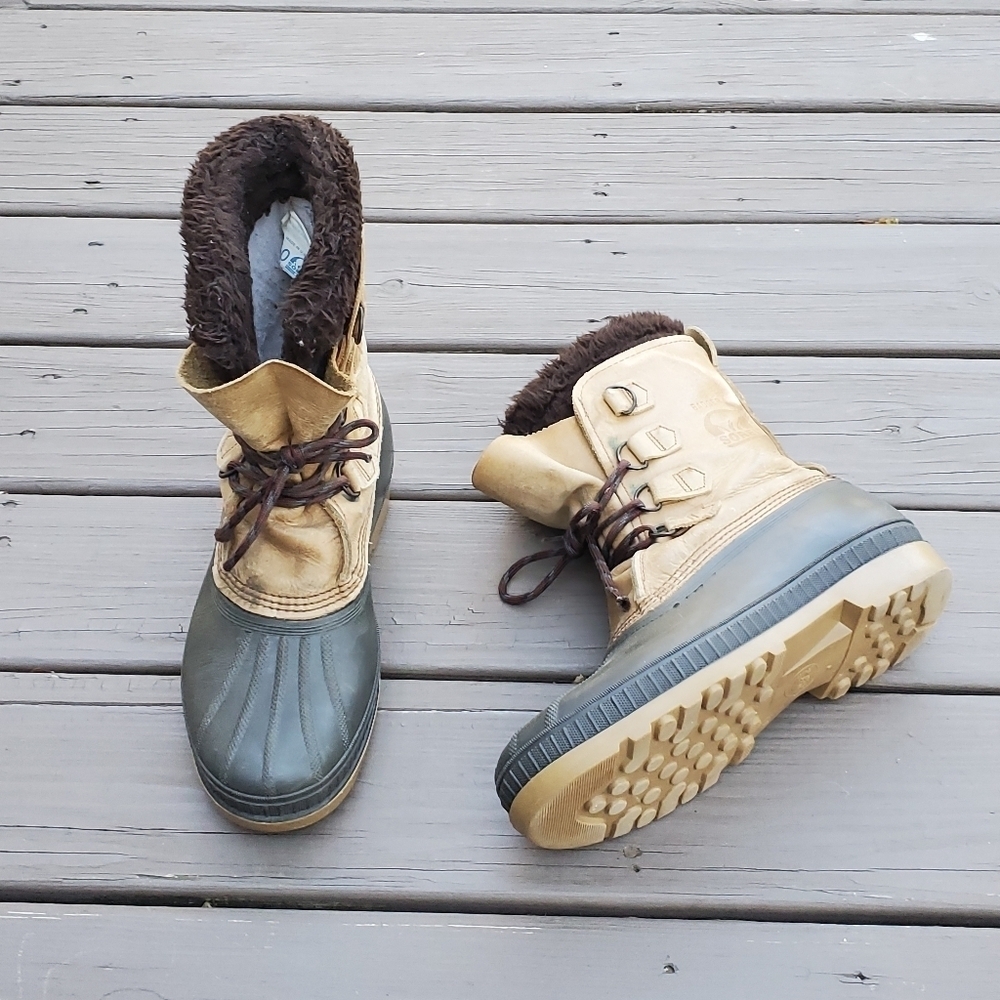 Vintage 90s Sorel Badger Leather Winter Snow Duck Boots Waterproof Wool Liner 10